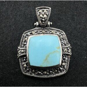 Vintage Sterling Silver Turquoise & Marcasite Pendant Victorian Revival 1.25"